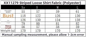 Detailed size chart for the casual striped long-sleeve shirt in sizes XS to L