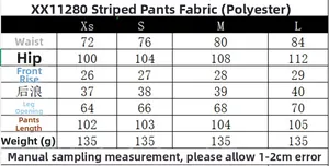 Detailed size chart for striped leisure pants including waist, length, and weight data