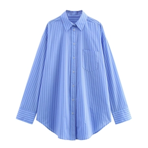 Classic blue striped cotton long sleeve shirt with chest pocket and button-down collar