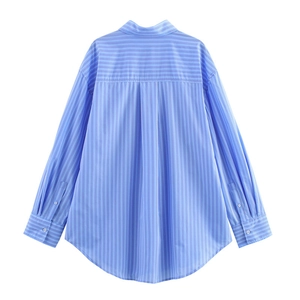 Back view of a blue and white striped long sleeve shirt with a classic collar and curved hem