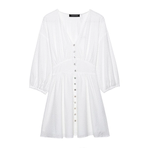 Abito Mini Bianco con Ricamo Traforato Donna Stile Francese Scollo a V Maniche a Lanterna Bottoni Vita Alta Casual Abito Corto