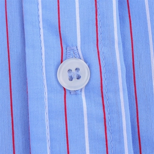 Close-up of blue and red striped cotton fabric texture with white four-hole button detail