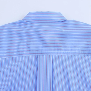 Detail of blue striped cotton shirt showing horizontal yoke and vertical stripe patterns