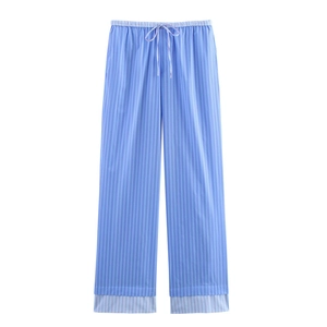 Women's blue striped cotton loungewear pants with drawstring waist and patchwork hem