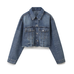 Klassische Vintage-Jeansjacke für Damen im Cropped-Stil mit offener Kante am Saum