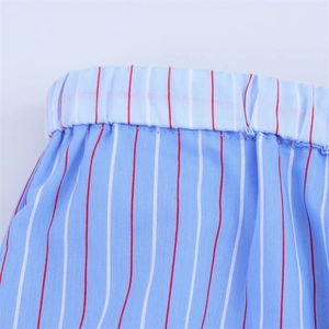 Close-up of elastic waistband with blue, white and red stripe patterns on cotton pants