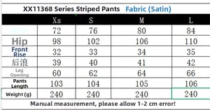 Tabella taglie dettagliata per pantaloni in raso a righe con misure dalla XS alla L