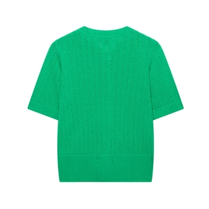 Top de punto verde esmeralda con patrón de ondas de ganchillo y puños acanalados