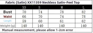 Detaillierte Größentabelle für das Satin-Neckholder-Top mit Maßen von XS bis L