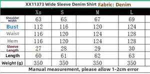 Detailed size guide table for wide sleeve denim shirt showing measurements in centimeters