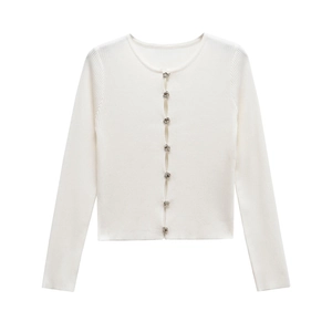 Minimalist white rib-knit long sleeve cardigan with stylish silver irregular buttons