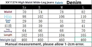 Size chart for high-waisted wide-leg denim pants showing waist and length measurements