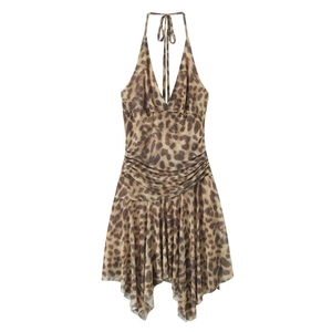 Vestido Mini de Malla con Estampado de Leopardo Sexy para Mujer con Cuello en V Profundo y Dobladillo Irregolare Sin Mangas Verano Fiesta Ajustado