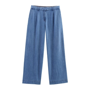 Light blue high waist wide leg denim trousers with pleats shown on white background