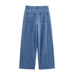 Rear view of high-waisted wide-leg denim jeans in light blue with square back pockets