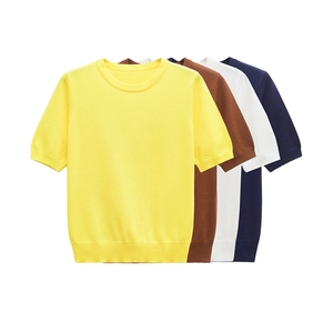 Haut en Maille à Manches Courtes Col Rond Décontracté pour Femmes Couleur Unie Bord-Côte Pull Ample Quotidien