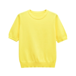 Pull en maille jaune vif à manches courtes et col rond avec bords-côtes pour femme
