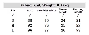 Size chart for elegant short-sleeve knit top with measurements for bust, shoulder, and length
