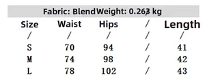 Detailed size guide table for blended fabric mini skirt with waist and hip measurements