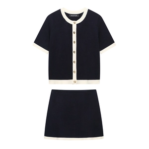 Elegant navy short sleeve knit cardigan and mini skirt set with cream trim and gold buttons