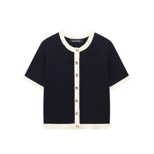 Elegant navy short sleeve knit cardigan with white trim and gold buttons for women