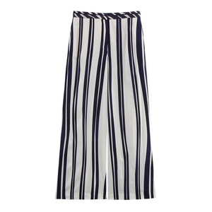 Damen Hose mit hoher Taille und weitem Bein, vertikal gestreift in Navy und Beige