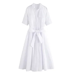Short sleeve white shirt dress with waist tie and front pockets in a clean A-line fit