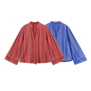 Vintage Boho-Bestickte V-Ausschnitt Blusen in Rot und Königsblau aus Baumwollleinen