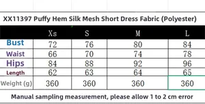 Detaillierte Größentabelle für das Tüll-Minikleid mit genauen Abmessungen in cm
