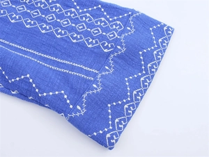 Detailaufnahme der weißen Stickerei auf einem blauen Vintage Modehemd Stoff