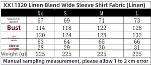 Tableau des tailles détaillé pour chemise en lin avec mesures d'épaules et de poitrine