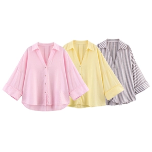 Détails des chemises en lin pour femmes en rose, jaune et à rayures marron style décontracté