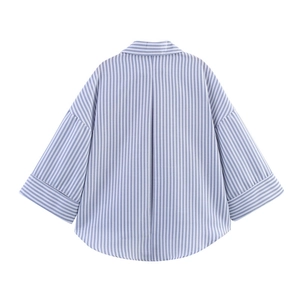 Vue arrière d'une chemise en popeline rayée bleue et blanche avec ourlet arrondi
