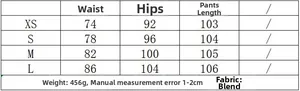 Size chart for high waist wide leg trousers with waist, hip, and length specs in CM