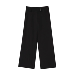 High waist black wide-leg trousers featuring triple button detail on the waistline