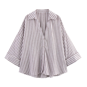 Chemise oversize à rayures marron en mélange de lin avec col en V et manches larges