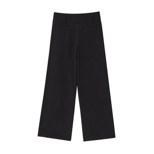 Flat lay of high-waist black wide-leg trousers with sleek straight-cut design