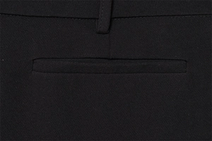 Close-up of welt pocket and belt loop on high waist black wide-leg suit trousers