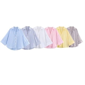 Chemisier Femme Oversize Mélange de Lin Rayé Décontracté Revers Boutonnage Simple Blouse en Popeline Ample Manches Longues Ourlet Arrondi Top Mode Printemps