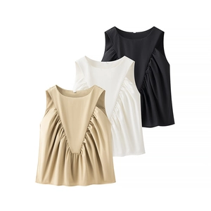 Women's minimalist sleeveless pleated chiffon tops in khaki, white, and black colors