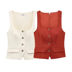 Women's slim-fit button-up vest tops with square neck and flap pockets in cream and brick red