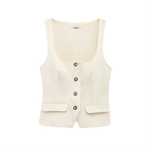 Fashionable cream-white button-down vest for women with deep U-neck and flap pockets
