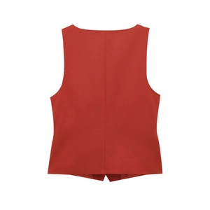 Rear view of sleek dark red sleeveless waistcoat with a pointed V-shape hem detail