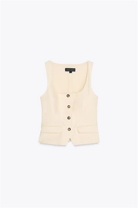 Close-up of cream button-down vest with square neck and flap pockets in business style
