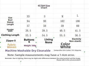 Detaillierte Größentabelle für weiße Spitzenbluse mit Maßen von XS bis L und Materialien