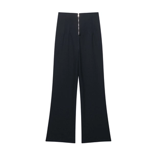 Pantaloni neri a vita alta e gamba larga da donna con cerniera in metallo e bel drappeggio