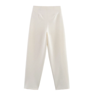 Damenhose mit hoher Taille und geradem Bein in Weiß mit Falten und festem Stoffdesign