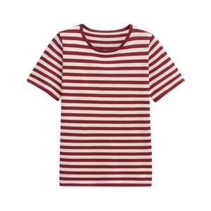T-shirt ajusté à rayures rouges et blanches pour femmes avec manches courtes en coton