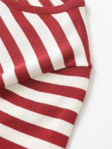 Gros plan du tricot à rayures rouges et blanches avec texture et décolleté côtelé détail