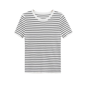 Top a maglia a righe a maniche corte con girocollo in morbido tessuto a costine